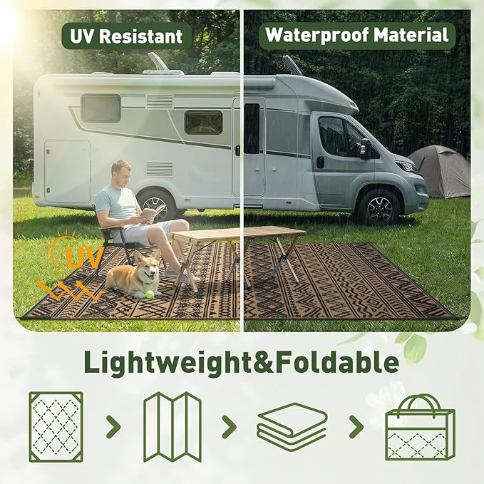 MontVoo Outdoor Rug Carpet Waterproof 6x9 Outdoor Patio Rug Mat Reverisble Plastic Straw Outdoor Rug for RV Camping Picnic Beach Balcony Boho Black Brown