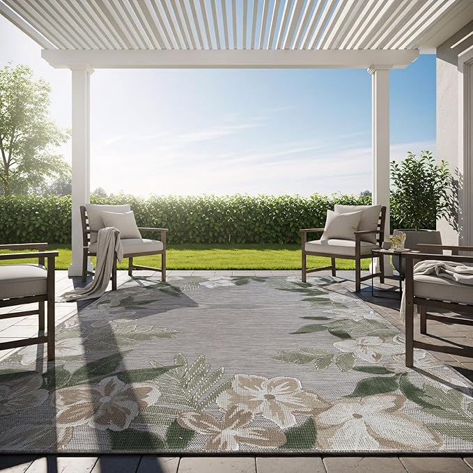 Outdoor Rug 8x10 Washable Area Rugs Indoor Outdoor Carpets Green Border Floral Non Shedding Waterproof Easy Clean Patio Deck Porch Living Room Bedroom Garden RV (8 X 10 Green)