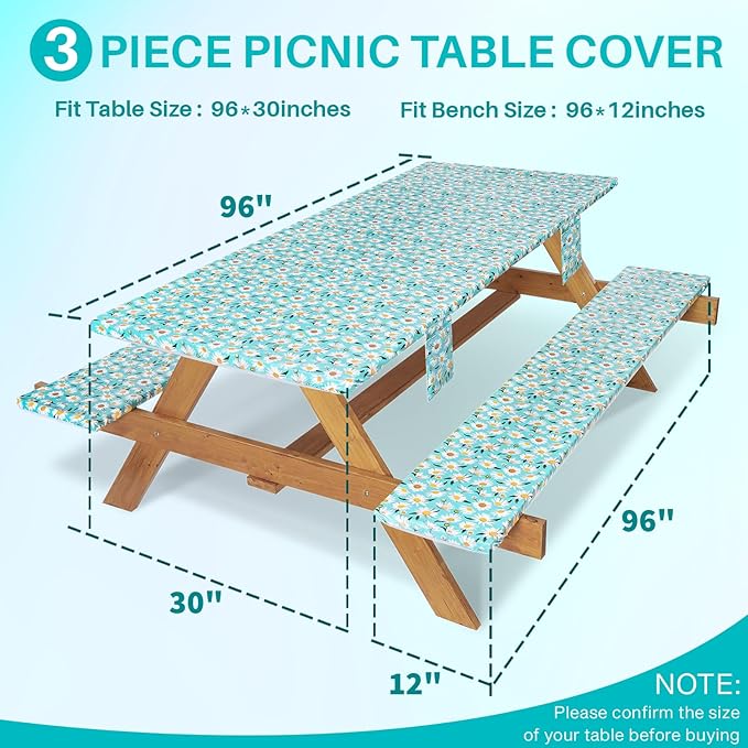 Picnic Table Cover with Bench Covers Waterproof Camping Tablecloth with Elastic for 8 Ft Rectangle Tables Outdoor Travel Essentials list Summer Rv Vacation Finds Gifts Ideas for Mens Womens