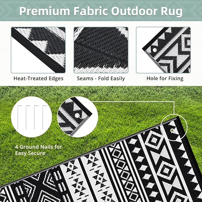 GOTGELIF Outdoor Rug 9x12FT Boho Style, Reversible & Water-Resistance & Portable Plastic Straw Rug for RV Trips, Picnic, Camping, Outdoor, Garden, Patio - White and Black Patio Rug