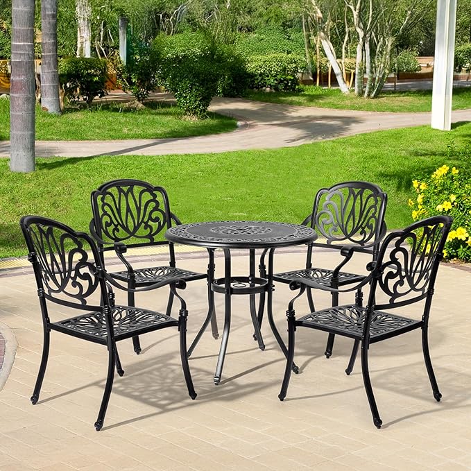 VINGLI Patio Chairs Set of 4 - Stackable Outdoor Cast Aluminum Dining Chairs with Vintage Black Finish and Floral Pattern, Metal Armchairs for Poolside, Backyard, Balcony (No Cushion)