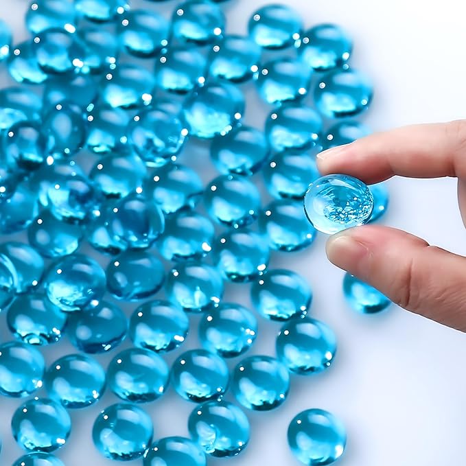 CYS EXCEL Light Blue Glass Gemstone Beads Vase Fillers (6 LBS) Flat Marble Beads Multiple Color Choices Aquarium Decor Rocks Floral Stones Decorative Mosaic Glass Gem Pebbles