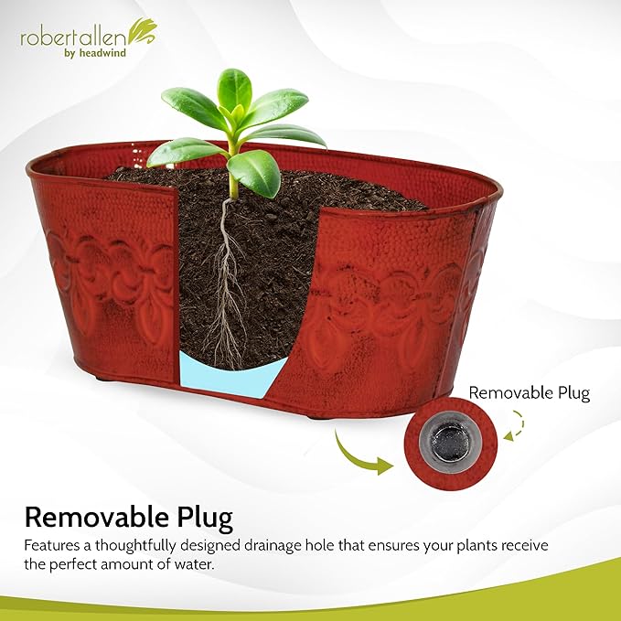 Headwind Ironlite Fleur De Lis Collection – 10" Cayenne Red Oval Decorative Planter with Drain Plug – Lightweight Metal Garden Pots for Indoor & Outdoor Planters Use by Robert Allen