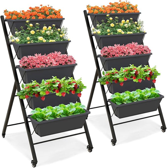 Giantex Set of 2 Vertical Raised Garden Bed on Wheels, Elevated Planter Raised Beds with Water Drainage, Freestanding 5 Container Boxes for Vegetables and Flowers Growing, Outdoor Indoor Patio Balcony