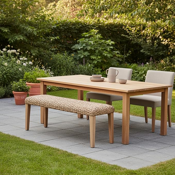 Outdoor Backless Bench, All-Weather Wicker & Solid Acacia Wood, Premium Garden Bench with Woven Rattan Seat and Thick Outdoor Cushion for Patio, Porch, Living Room or Entryway (Natural, PE Wicker).