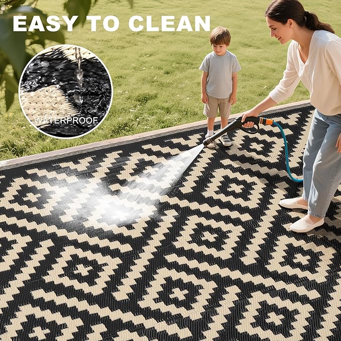RURALITY Outdoor Rugs 9x12 Feet for Patios Clearance,Plastic Straw Waterproof Mats for Backyard,Porch,Deck,Balcony,Black&Beige