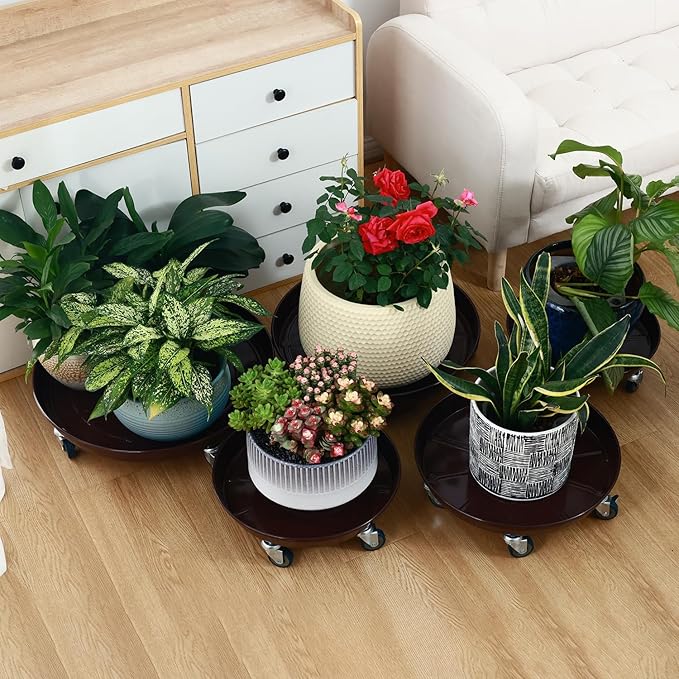 3 Packs 13 inches Metal Plant Caddy with Wheels Large Rolling Plant Stand Heavy-Duty Iron Plant Dolly Casters for Indoor Outdoor Flower Pot Mover Roller Coasters, Dark Coffee