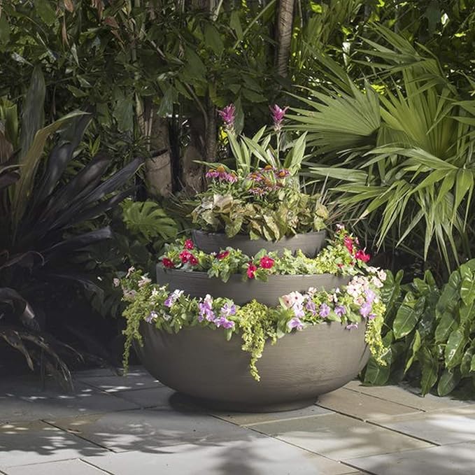 Crescent Garden Large Outdoor Planter Bowl – Double-Walled Resin Pot with Drain Hole for Water Gardens, Fountains, Decorative Landscaping - 30" W x 12" H (Weathered Concrete)