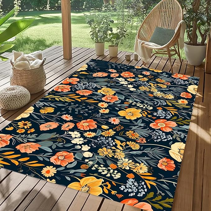 Vintage Country Rustic Floral Outdoor Rug for Patio Balcony Deck Porch Camping Machine Washable Waterproof Garden Backyard Outside Carpet 2x6 Boho Blue Pink Yellow Flower Area Rugs Easy Clean Mat
