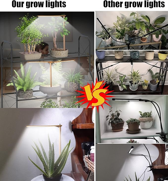 Wooden Grow Lights for Indoor Plants Full Spectrum, Slim Indoor Plant Growing Light with 6000K White Red LEDs 2-Head (Without Timer/Dimming)