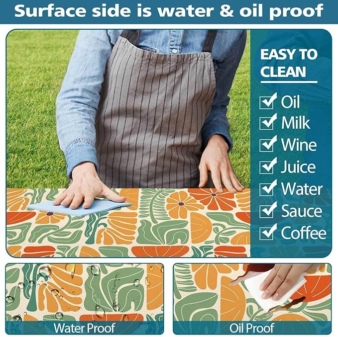Picnic Table Covers with Bench Covers Boho Patchwork Orange Green Flower Pattern Camping Tablecloth Fitted Picnic Table Cover with Elastic Windproof Waterproof, Camping Accessories Outdoor, 96In 3PCS