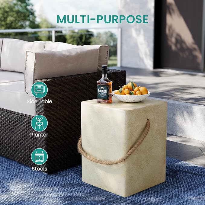 SUNBURY Outdoor Side Table Set of 2, 2 Pieces Concrete Side Table for Patio,18"H Small Outdoor Accent Table w Hemp Rope, Patio Side Table End Table Warm Gray, Ceramic Side Table Garden Stool Log Table