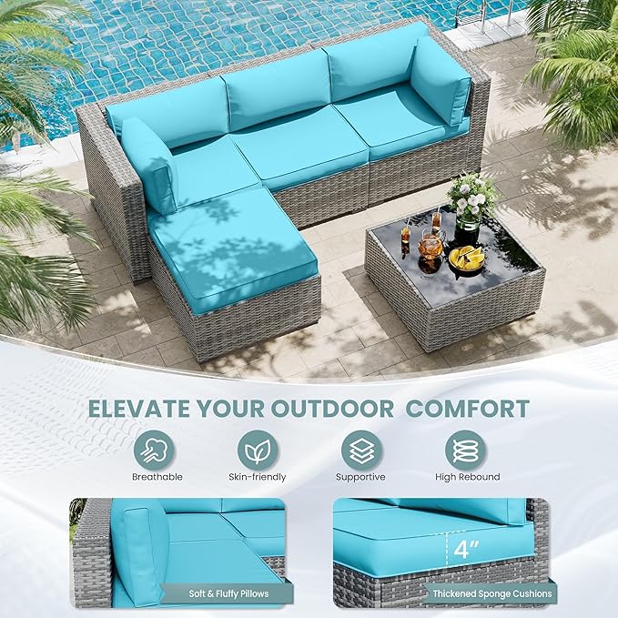 UDPATIO Outdoor Cushions for Patio Furniture Upgraded, Waterproof Patio Furniture Cushions Replacement, 4" Deep Seat Outdoor Sectional Cushion for 4-seat Chair Sofa Couch(Sky Blue)