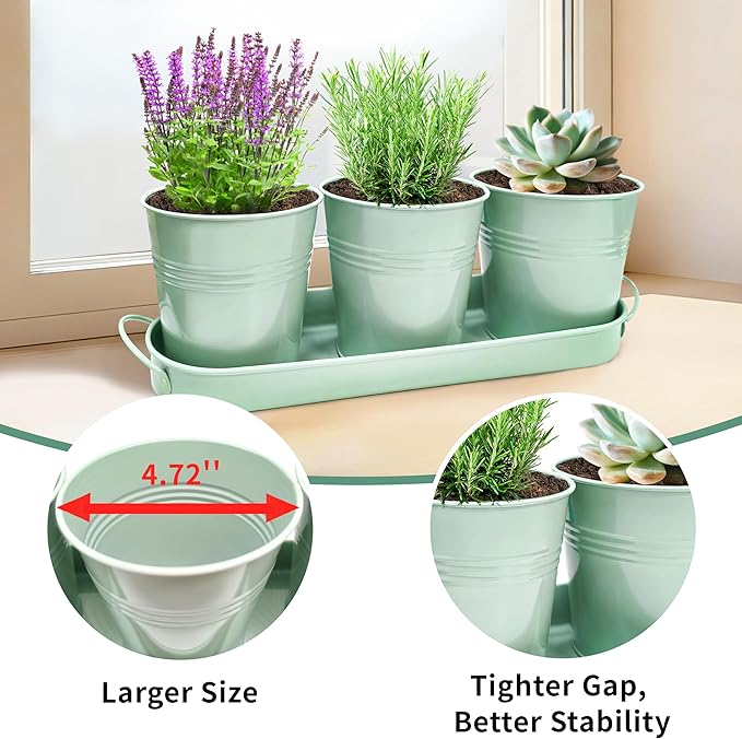 TCBWFY Indoor Herb Garden Planter Set, 3-Pack 4.7 Inch Green Metal Plant Pots with Drainage Holes & Removable Tray, Windowsill Planter for Kitchen Countertop, Balcony, Office
