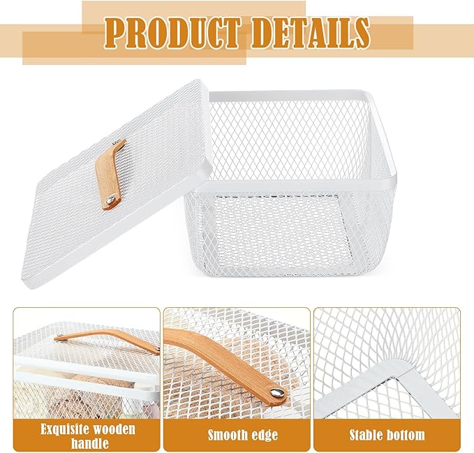 Tandefio 4 Pcs Metal Mesh Basket with Lid and Wooden Handle 9.65 x 7.68 Inch Wire Storage Basket Garden Baskets Organizer Containers for Vegetable Fruit Picnic Kitchen Bathroom (White)