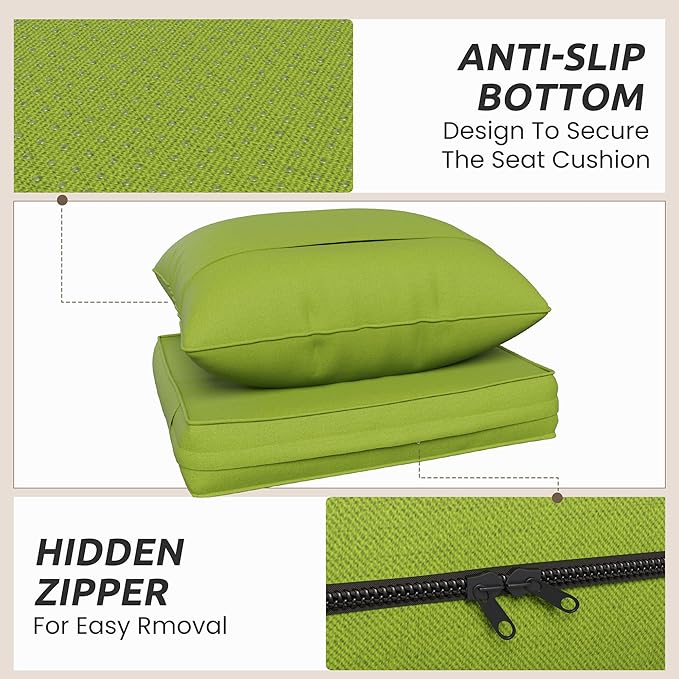 Amopatio Outdoor Chair Cushions 22.5"× 20.3" × 4", Set of 4 with Removable Cover, Waterproof & Fade Resistant seat Cushions for Patio Furniture, Grass Green