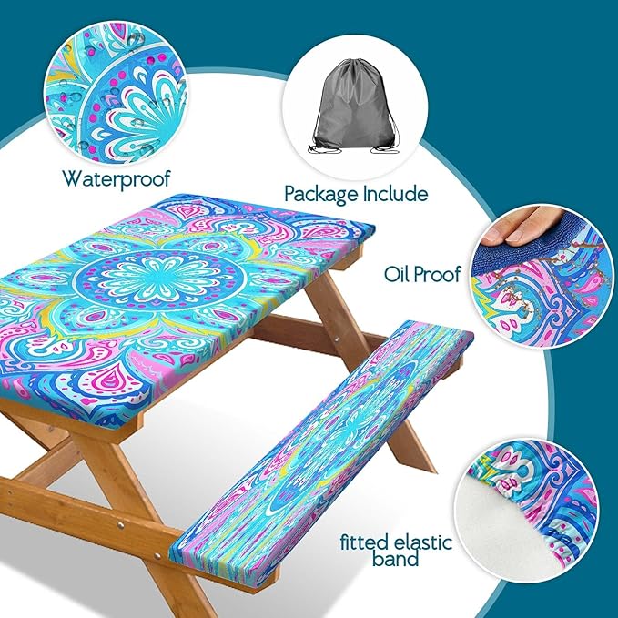 Picnic Table Covers with Bench Covers Boho Pattern Camping Tablecloth Fitted Picnic Table Cover with Elastic Windproof Waterproof Fabric, Outdoor Camping Accessories Gifts for Men Women, 60In 3PCS