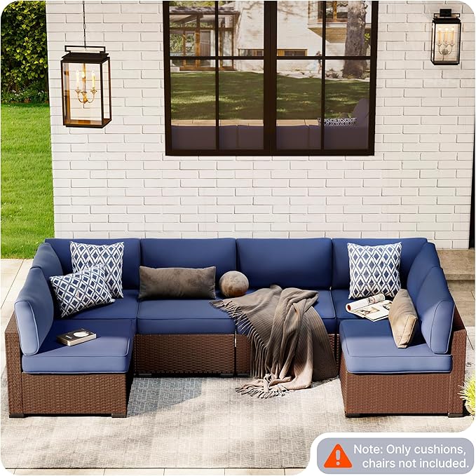 SUNCOZE 14-Piece Outdoor Cushions for Patio Furniture, 25.6"x25.6" Couch Cushion Replacement Designed for 6-Seat Sectional Sofa Sets, Anti-Slip Patio Cushions for Garden, Backyard, Porch (Blue)