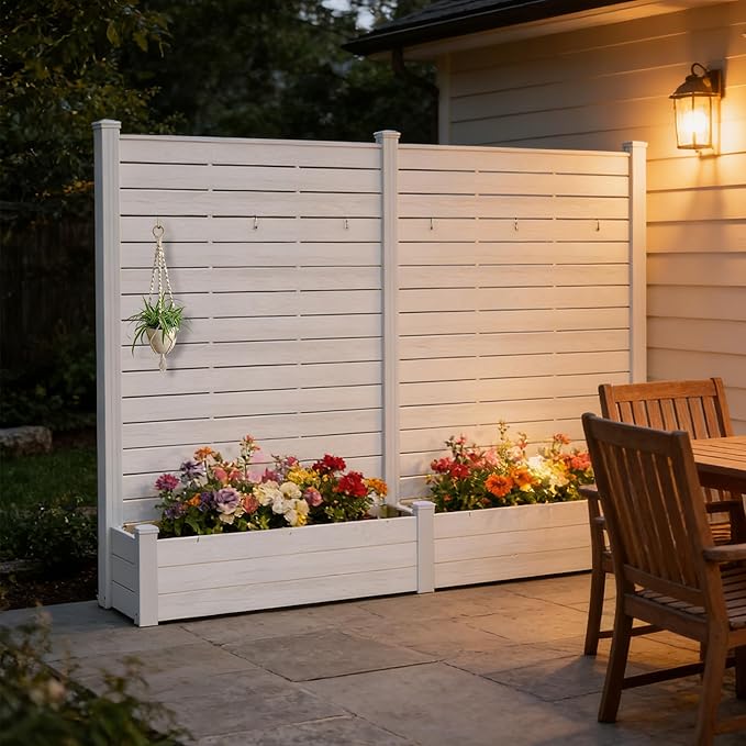 Kozyard 2Pack Privacy Screen with Planter, 70" H x 51" W Outdoor Garden Screen, Waterproof Aluminum Frame with Thick Wood-Plastic Boards, Decorative Privacy Screen for Patio, Balcony & Backyard White