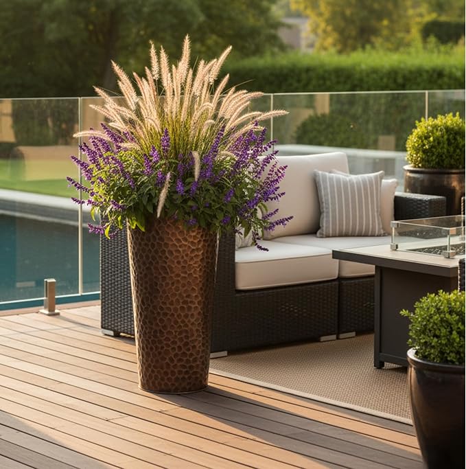 H Potter Tall Copper Planter Indoor Outdoor – 28” Antique Copper Hammered Metal Garden Planter with Insert & Drainage, Includes Drip Tray – Large Decorative Floor Planter for Entryway, Porch, Patio