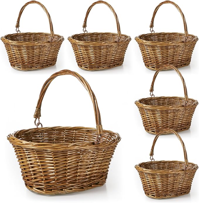 Barydat 6 Pcs Small Wicker Picnic Basket with Handle Flower Girl Baskets Oval Willow Woven Braided Gift Basket for Easter Weddings Baby Shower Home Garden Decor (Brown,12'' x 9'' x 5'')