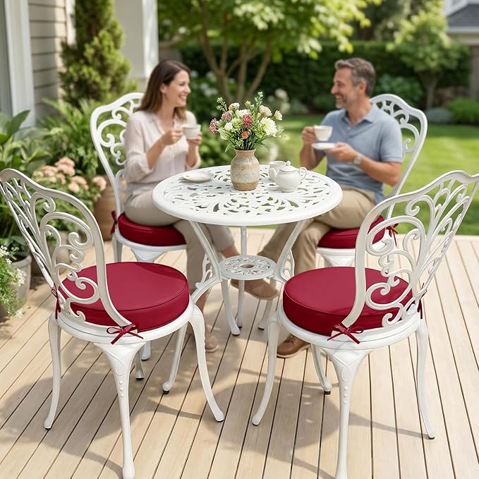 Outdoor Bistro Chair Cushions Set of 4, 15" D x 3" H Round Chair Cushions Waterproof and Fade Resistant Chair Cushion Pads with Non-Slip Ties and Removable Covers for Garden, Burgundy