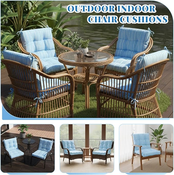 Marsui 4 Pcs Outdoor Indoor High Back Chair Cushions Patio Furniture Tufted Pillow with Ties All Weather Replacement Outdoor Rocking Chair Cushions, 42 x 21 Inches (Blue Stripes)
