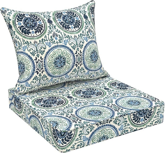 Outdoor Deep Seat Cushion Set, Water Repellent 24"x24" Patio Thick Cushions Replacement with Seat & Back Pillow for Patio Sofa, Wicker Chair, Couch - Wreath Blue