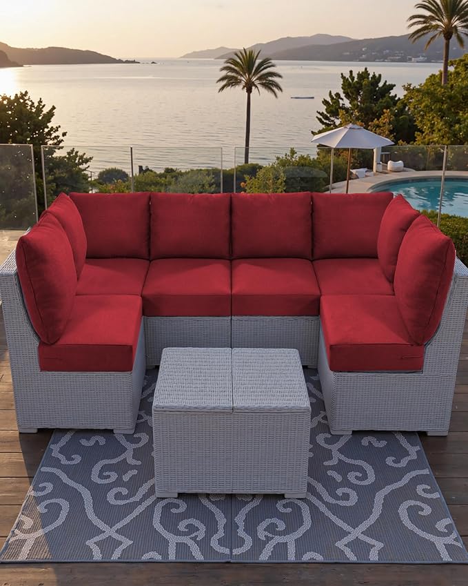 Luxury 24x24x6 Outdoor Seat Cushions for 6-Seat Sectional Sofa Set of 6 - Water-Repellent 14-Piece Patio Cushion Set for Outside Rattan Wicker Loveseat Chair L-Shape Couch - Red/Classic