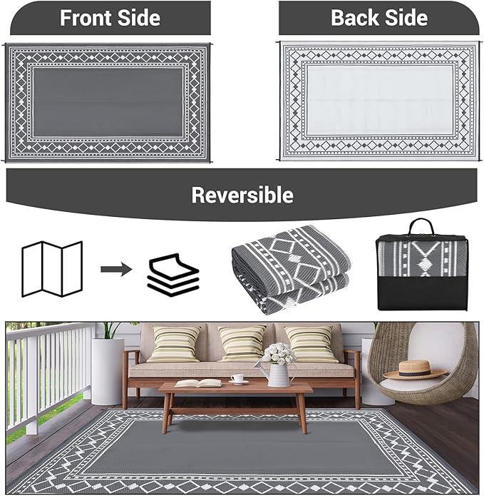 Garvee Outdoor Rug 8 x 10 Patio Waterproof, Foldable Reversible Plastic Straw Area Rugs Mat for Camper Decor, Outside Carpet for Rv, Deck, Porch, Picnic, Beach, Balcony (White/Grey)