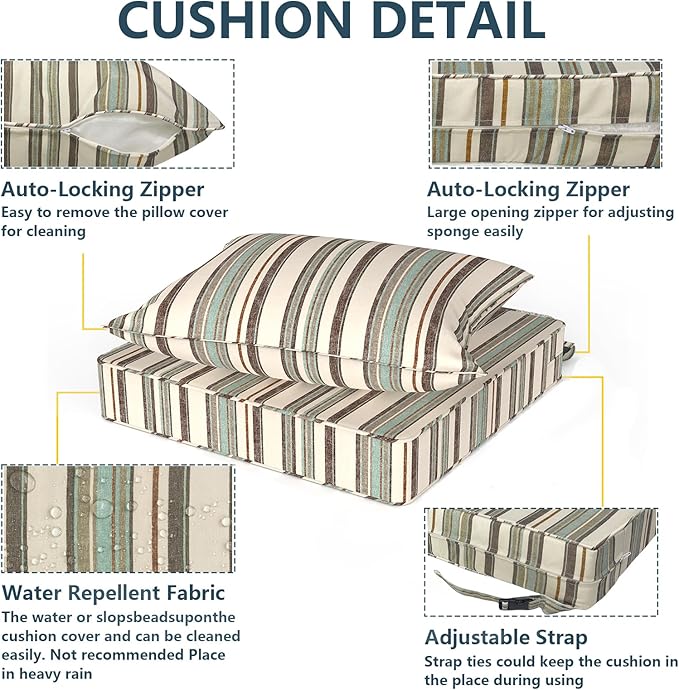 Outdoor Deep Seat Cushion Set, Water Repellent 24"x24" Patio Thick Cushions Replacement with Seat & Back Pillow for Patio Sofa, Wicker Chair, Couch - Stripe Onyx
