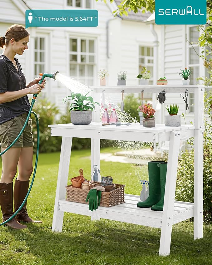 SERWALL Potting Bench Outdoor with Storage, 3-Tier HDPE Gardening Table with Angled Legs & Tool Hooks, All-Weather Heavy Duty Potting Table for Patio, Backyard, Garden,White