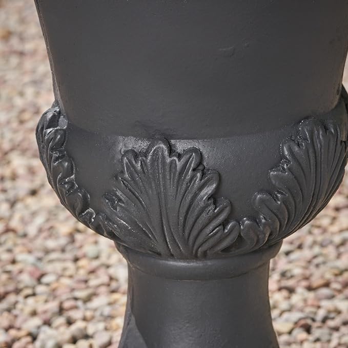 Christopher Knight Home Jorine Patio Planter, Light Concrete Planter, Mid-Centry Gadern Urn, Floral Relif Design Plant Pot, Large Garden Pot, Flower Urn with Drainage Hole for Backyard Home, Black
