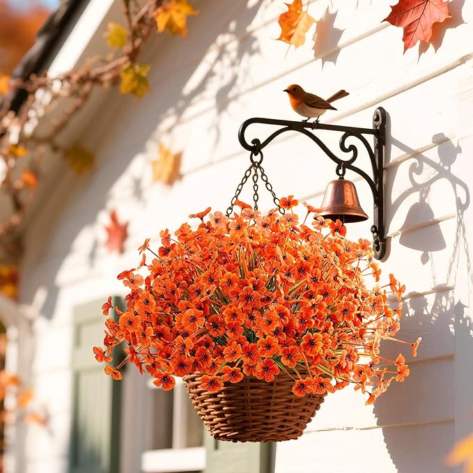 Artificial Mums Fall Fake Flowers for Outdoors, 12 Bundles Faux Mums for Outdoor Planters Autumn Decorations,UV Resistant Silk Flowers for Front Porch Garden Patio Home Decor(Fall-Orange)