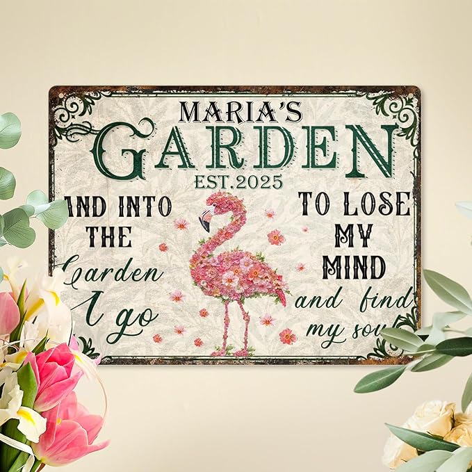 Custom Garden Signs Personalized Metal Tin Sign for Women, Retro Funny Flamingo Metal Sign for Outdoor, Patio, Yard Rustic Home Decor Gift for Mothers Day, Grandmas, and Gardening Lovers