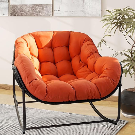 Papasan Rocking Chair, Oversized Papasan Chair with Cushion and Frame for Indoor& Outdoor, Deep Seat Egg-Shaped Rocker Chair for Garden, Deck, Living Room, Red