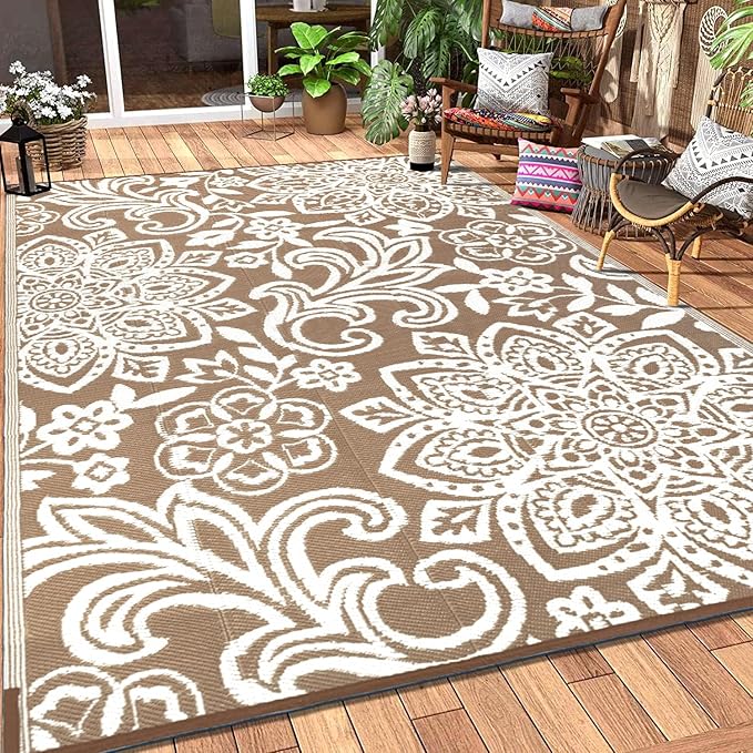 Findosom Waterproof Outdoor Rug 9' x 12' - Reversible Mandala Outdoor Plastic Straw Rug, Durable Foldable Patio Rug for RV, Deck, Balcony, Backyard, Picnic, Porch, Camping, Beach, Brown