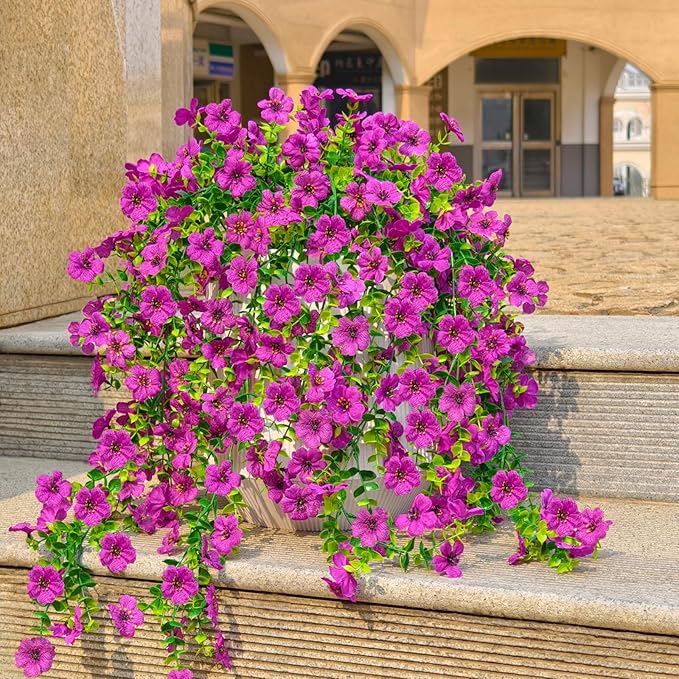 8 Pcs Fake Outdoor Artificial Flowers For Outdoors Uv Resistant, Plastic Flowers For Outdoors, Fake Hanging Plants Faux Flowers For Outdoor Planters, Silk Spring Flowers For Outside Porch（Purple）