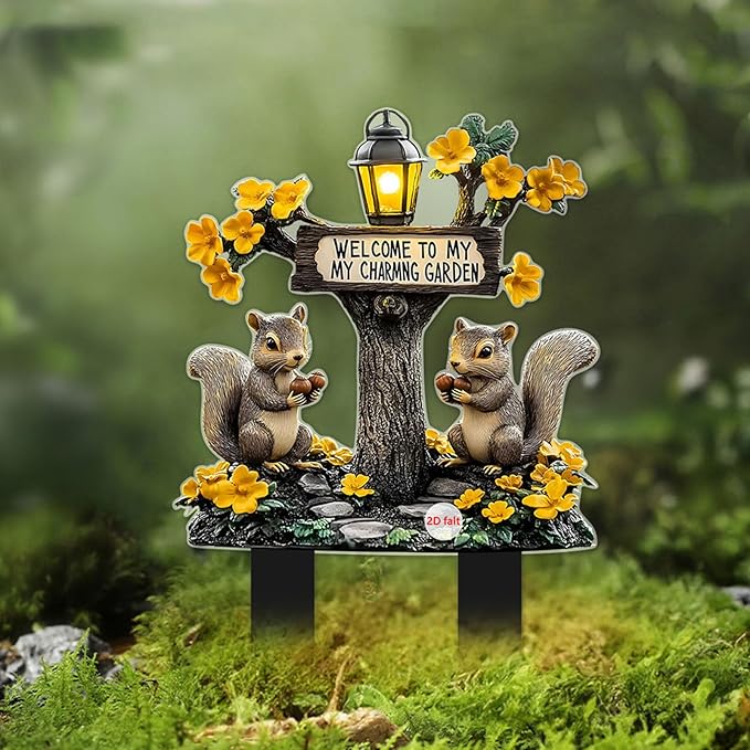 Cute Squirrels Garden Stake Decor, 2D Flat Stained Acrylic Animal Sign, Small Animal Ornament Indoor Outdoor Yard Lawn Pot Plant Decorative Accessories