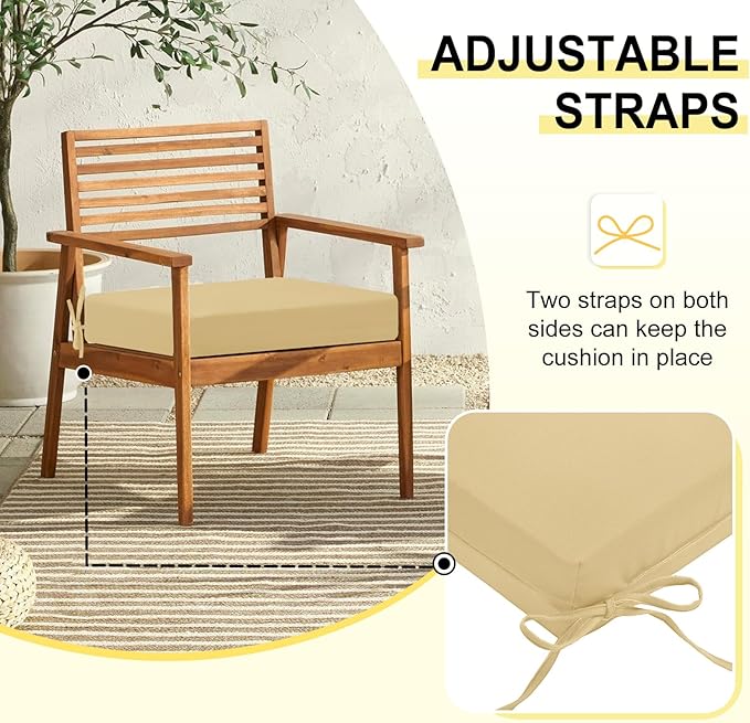 downluxe Outdoor Chair Cushions Set of 6 for Patio Furniture, Water-Resistant Square Corner Patio Chair Cushions with Ties, High Density Foam Outdoor Seat Cushion, 18.5" X 16" X 3", Khaki