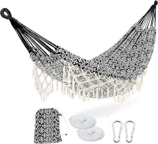 Portable Hammock with Tassel,2 Person,Brazilian Tree Hammocks with Carry Bag for Bedroom,Garden,Backyard,Patio,Outdoor and Indoor XX-Large Black/White Woven Cotton Fabric, Up to 450Lbs