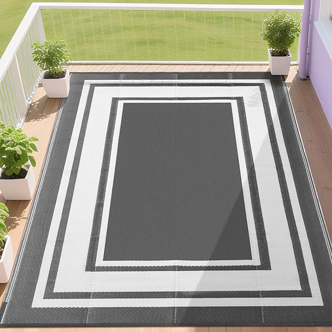 RURALITY Outdoor Rugs 5x8 for Patios Clearance,Waterproof Mats for Porch,Deck,Plastic Straw Area Rugs for Backyard,Balcony,Reversible,Grey&White