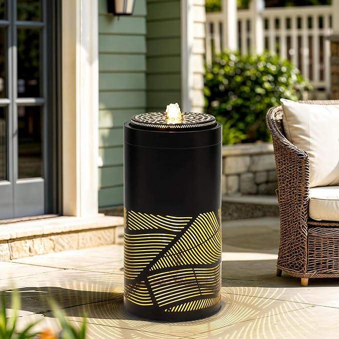 23.6" Outdoor Water Fountain with LED Lights, Metal Cutout Geometric Patterns Modern Garden Fountain with Pump, Soothing Cascading Water Flow for Patio, Deck, Porch Décor