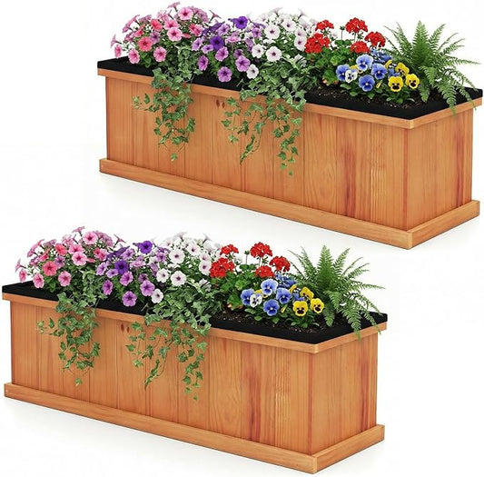 Giantex Outdoor Raised Garden Bed Set of 2, 40” x 13” x 12” Pine Wood Planter Box w/ 3 Drainage Holes, Removable Bottom & Bed Liner, Rectangular Flower Container for Vegetables Herbs, Indoor & Outdoor