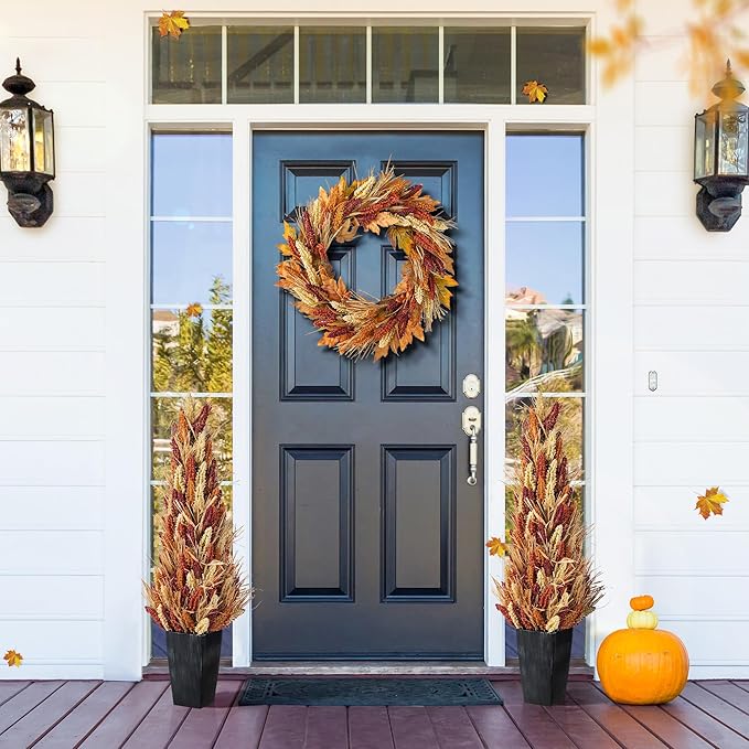 Glitzhome 2 PCS 38”H Fall Porch Tree, Artificial Sorghum Porch Tree Harvest Decoration with Black Planter, Indoor/Outdoor Seasonal Decor for Porch, Garden, Entryway
