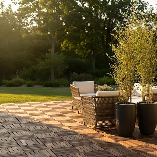 Acacia Wood Patio Deck Tiles - 27 Pcs 12 Slats Interlocking Decking Tiles for Patio Decor, Waterproof Indoor & Outdoor Use, Garden Decking Tile (12.2 x 12.2 x 0.7) - Natural