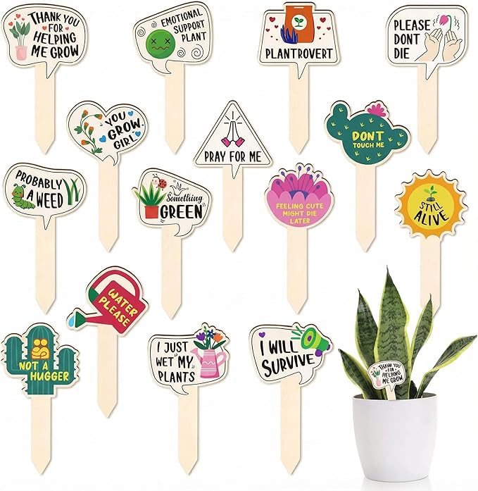 15 Pack Funny Wooden Plant Markers, Water-Resistant Garden Plant Labels Stakes for Pots & Outdoor Beds, Humorous Plant Name Signs for Indoor Houseplants, Herbs, Succulents, 2.64" W x 4.33" H