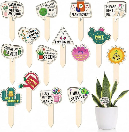 15 Pack Funny Wooden Plant Markers, Water-Resistant Garden Plant Labels Stakes for Pots & Outdoor Beds, Humorous Plant Name Signs for Indoor Houseplants, Herbs, Succulents, 2.64" W x 4.33" H