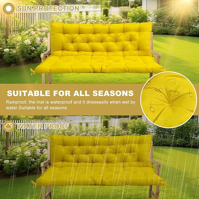60" Porch Swing Cushion with Backrest, Waterproof Outdoor Bench Swing Cushions 3 Seater Replacement Thickened Swing Cushions with Ties for Patio Garden Backyard,Yellow,60x40in