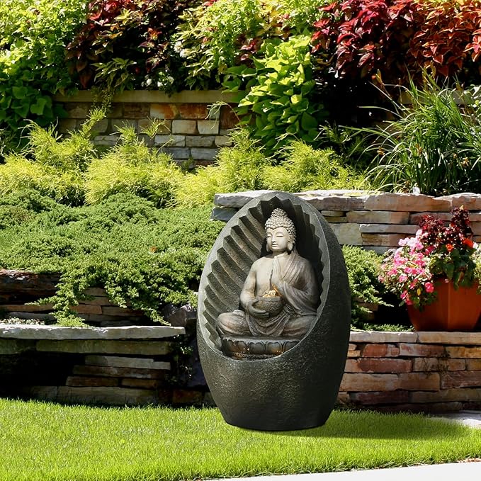 Water Fountain Outdoor Half-Encased Egg-Shaped Zen Buddha Fountain Indoor with Light Pump, Tranquil Relaxing Water Feature for Home Garden Patio Yard Balcony & Meditation Room, Brown